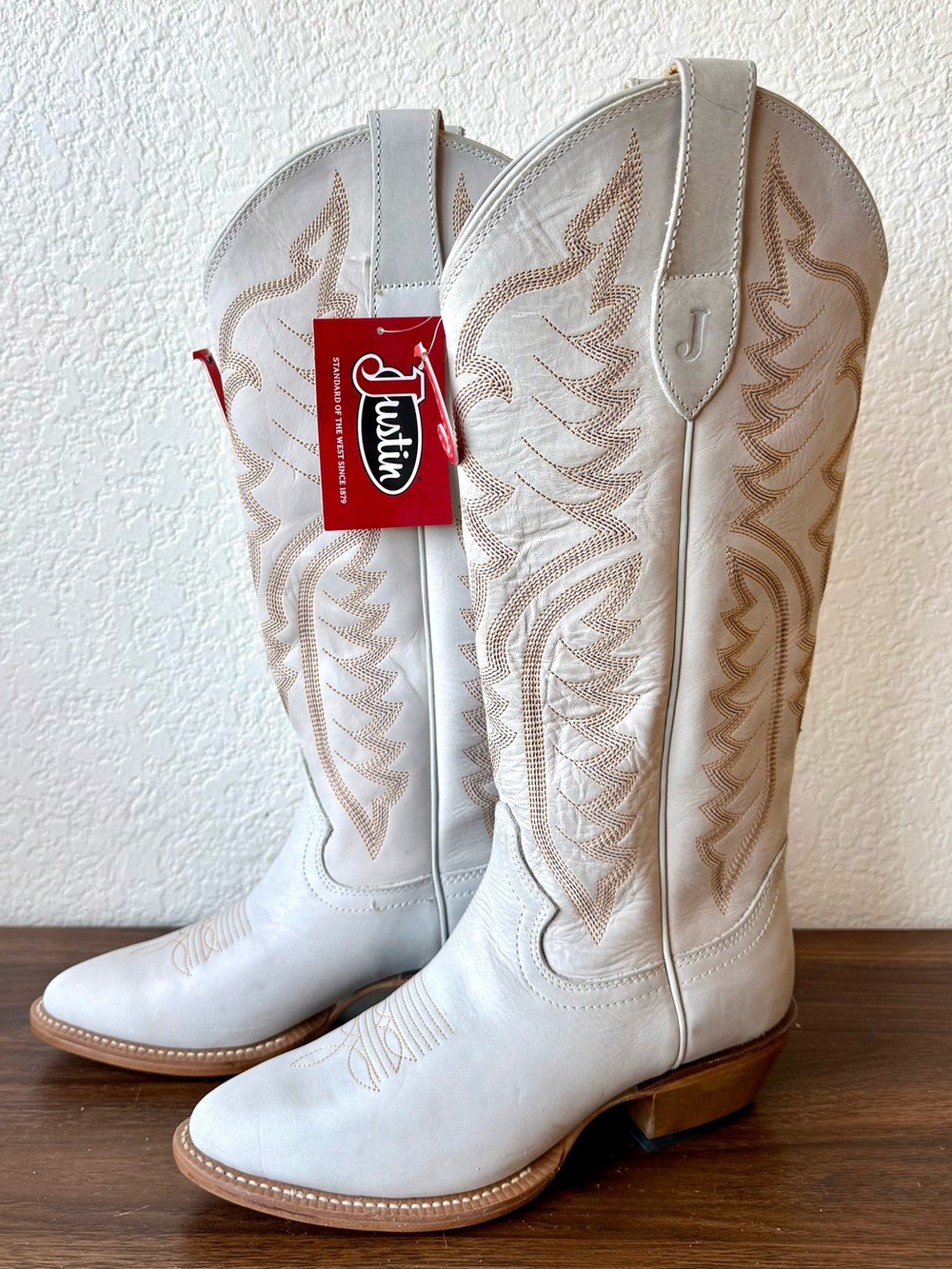 Justin Boots White Leather Women's Tall Western Boots with Tan Stitching